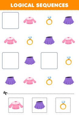 Education game for children logical sequences for kids with cute cartoon blouse ring skirt printable wearable clothes worksheet
