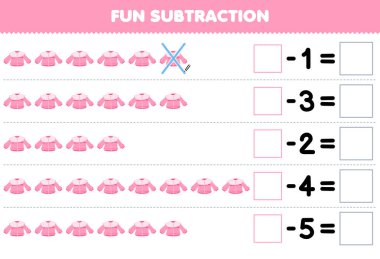 Education game for children fun subtraction by counting cartoon pink blouse in each row and eliminating it printable wearable clothes worksheet