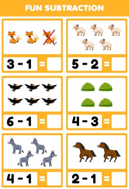 Education game for children fun subtraction by counting and eliminating cute cartoon fox sheep crow bush donkey horse printable farm worksheet