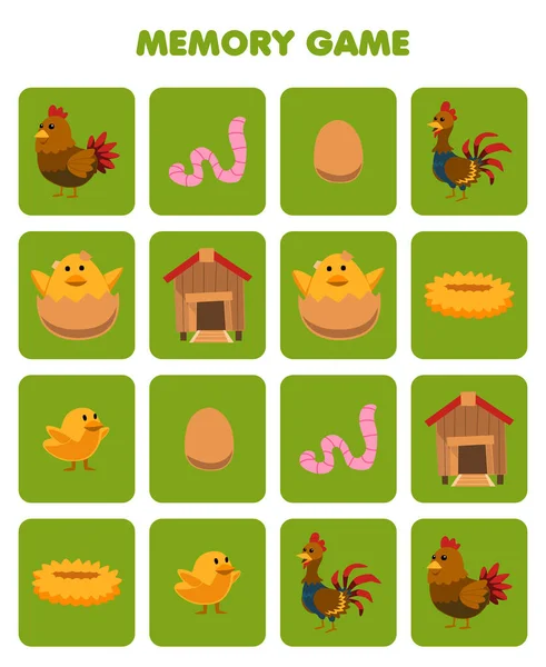 Education Game Children Memory Find Similar Pictures Cute Cartoon Chicken — Vettoriale Stock