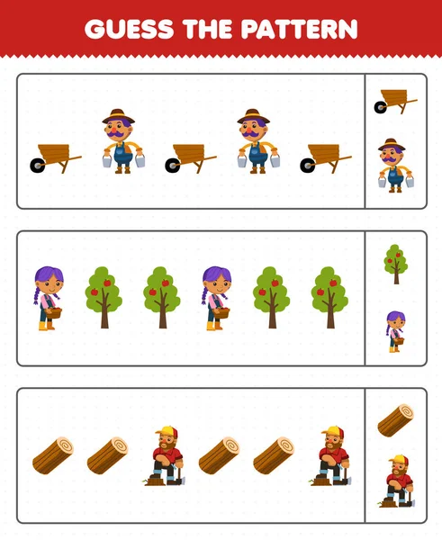 Education Game Children Guess Pattern Each Row Cute Cartoon Wheelbarrow — Stock Vector