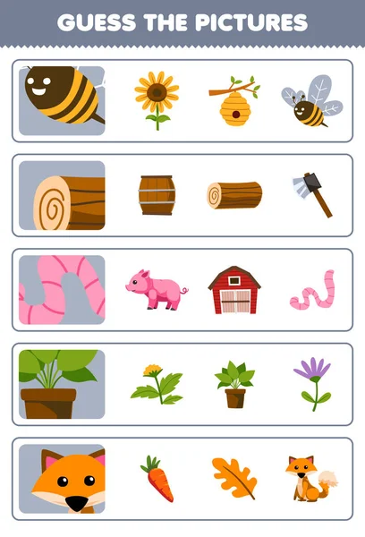 Education Game Children Guess Correct Pictures Cute Cartoon Bee Log —  Vetores de Stock