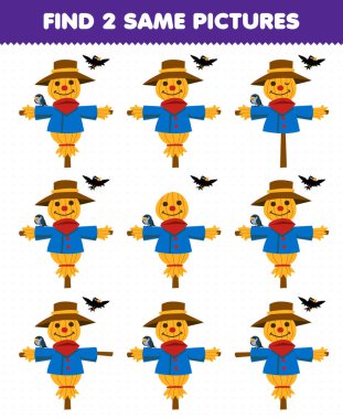 Education game for children find two same pictures of cute cartoon scarecrow printable farm worksheet