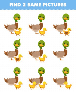 Education game for children find two same pictures of cute cartoon duck and duckling printable farm worksheet