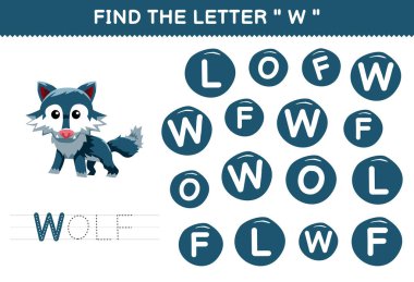 Education game for children find the letter W with cute cartoon animal blue wolf printable worksheet