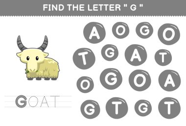 Education game for children find the letter G with cute cartoon animal goat printable worksheet
