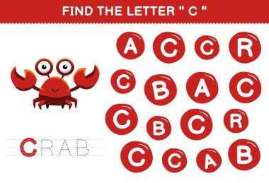 Education game for children find the letter C with cute cartoon animal red crab printable worksheet