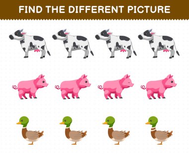 Education game for children find the different picture in each row of cute cartoon cow pig duck printable farm worksheet