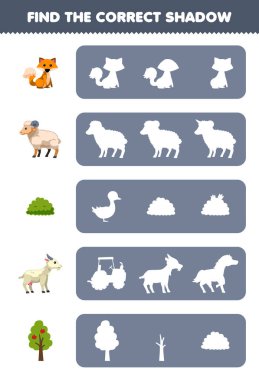 Education game for children find the correct shadow silhouette of cute cartoon fox sheep bush goat tree printable farm worksheet
