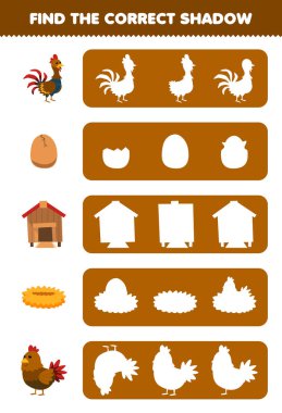 Education game for children find the correct shadow silhouette of cute cartoon chicken rooster nest egg coop nest printable farm worksheet