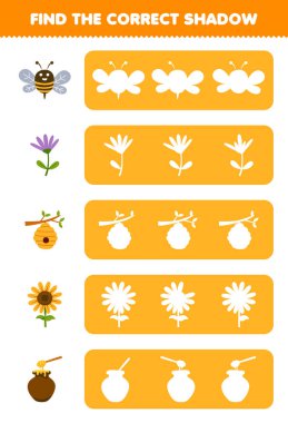 Education game for children find the correct shadow silhouette of cute cartoon bee flower beehive sunflower honey printable farm worksheet