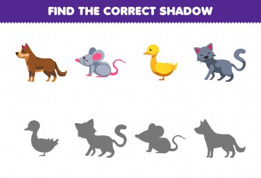 Education game for children find the correct shadow set of cute cartoon dog mouse duck cat printable farm worksheet