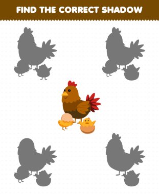 Education game for children find the correct shadow set of cute cartoon chicken hen and chick printable farm worksheet
