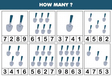 Education game for children counting how many objects in each table of cartoon shovel printable farm worksheet