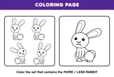 Education game for children coloring page more or less picture of cute cartoon rabbit line art set printable farm worksheet