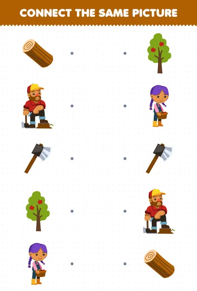 子供のための教育ゲームはかわいい漫画の木の木のカッター斧木の農家の印刷可能な農場のワークシートの同じ画像を接続します — ストックベクタ
