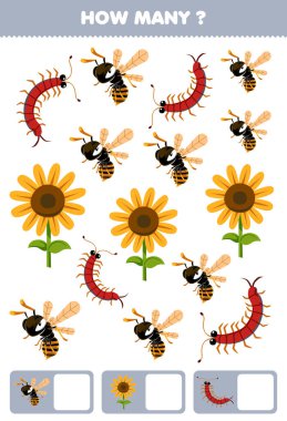 Education game for children searching and counting how many objects of cute cartoon bee sunflower centipede printable bug worksheet
