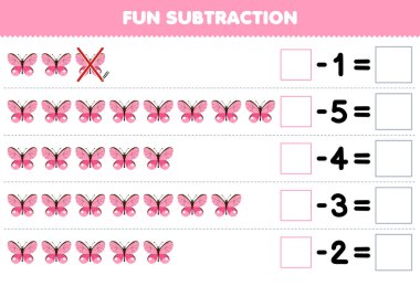 Education game for children fun subtraction by counting cute cartoon butterfly in each row and eliminating it printable bug worksheet