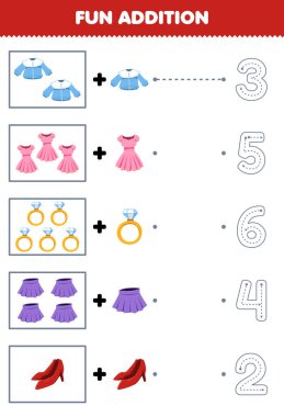 Education game for children fun addition of cartoon blouse dress ring skirt heels then choose the correct number by tracing the line clothes worksheet