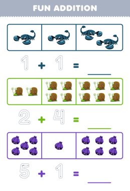 Education game for children fun addition by counting and tracing the number of cute cartoon scorpion snail shell printable animal worksheet