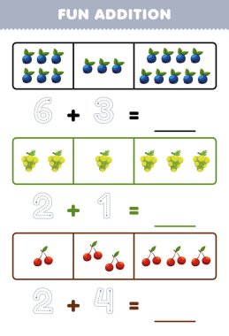 Education game for children fun addition by counting and tracing the number of cute cartoon blueberry grape cherry printable fruit worksheet