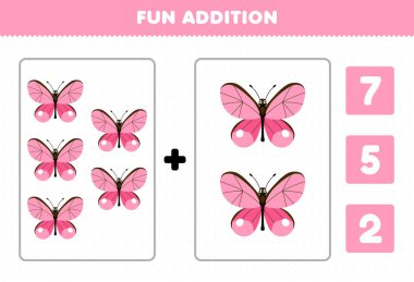 Education game for children fun addition by count and choose the correct answer of cute cartoon pink butterfly printable bug worksheet