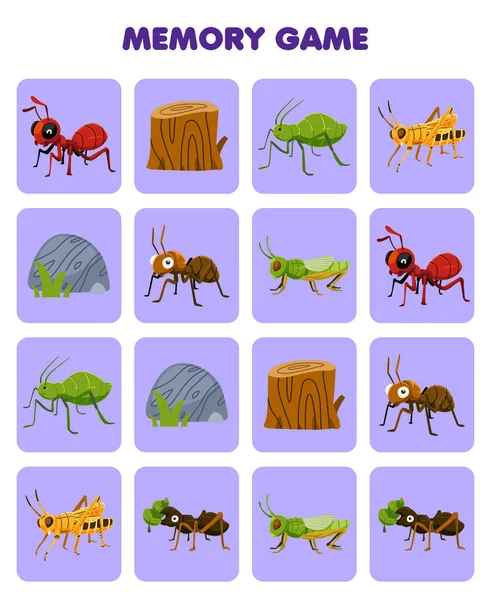 Education Game Children Memory Find Similar Pictures Cute Cartoon Ant — Archivo Imágenes Vectoriales