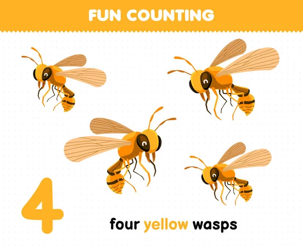 Education Game Children Fun Counting Four Yellow Wasps Printable Bug — Vetor de Stock