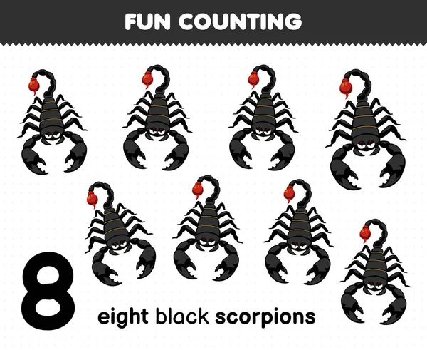 Education Game Children Fun Counting Eight Black Scorpions Printable Bug — Stock vektor