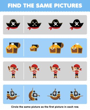 Education game for children find the same picture in each row of cute cartoon pirate hat treasure chest ship printable halloween worksheet