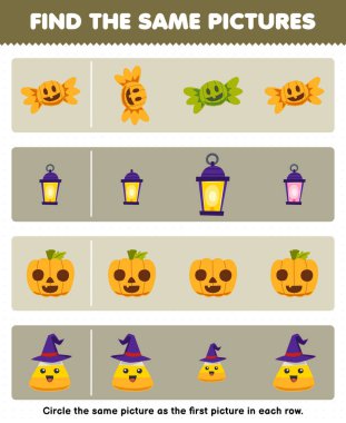 Education game for children find the same picture in each row of cute cartoon corn candy lantern pumpkin printable halloween worksheet