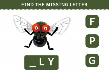 Education game for children find missing letter of cute cartoon fly printable bug worksheet
