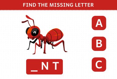 Education game for children find missing letter of cute cartoon ant printable bug worksheet