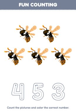 Education game for children count the pictures and color the correct number from cute cartoon bee wasp printable bug worksheet