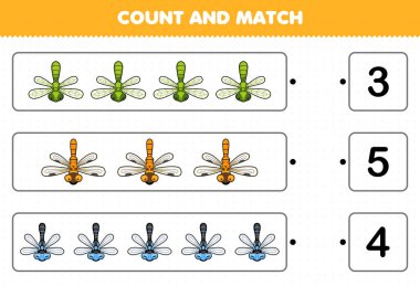 Education game for children count the number of cute cartoon dragonfly and match with the right numbers printable bug worksheet
