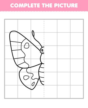 Education game for children complete the picture of cute cartoon butterfly half outline for drawing printable bug worksheet