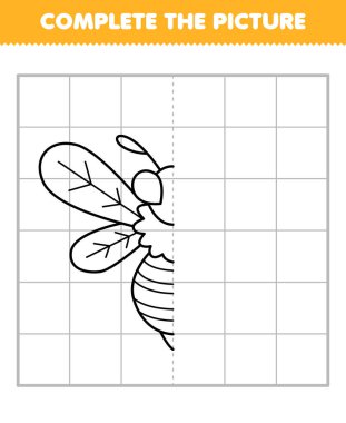 Education game for children complete the picture of cute cartoon bee half outline for drawing printable bug worksheet