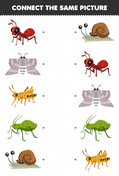 Education Game Children Connect Same Picture Cute Cartoon Ant Moth — Archivo Imágenes Vectoriales