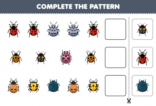 stock vector Education game for children complete the pattern of cute cartoon ladybug printable bug worksheet