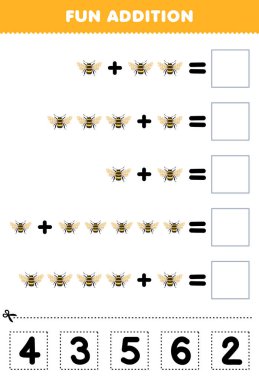 Education game for children fun addition by cut and match correct number for cute cartoon bee printable bug worksheet