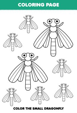 Education game for children coloring page big or small picture of cute cartoon dragonfly line art printable bug worksheet