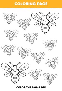 Education game for children coloring page big or small picture of cute cartoon bee line art printable bug worksheet