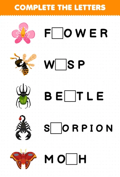 子供のための教育ゲームかわいい漫画の花のワスプカブトムシのサソリ蛾印刷可能なバグワークシートからの手紙を完了 — ストックベクタ