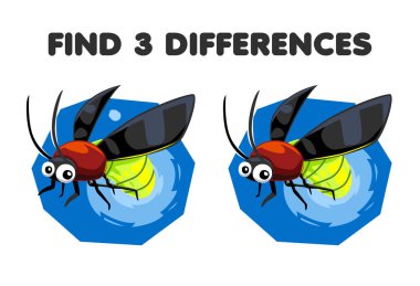 Education game for children find three differences between two cute cartoon firefly printable bug worksheet
