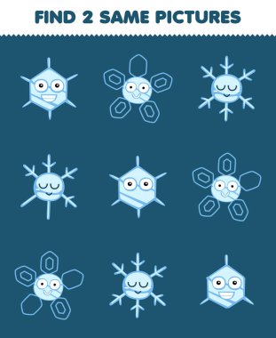 Education game for children find two same pictures of cute cartoon snowflake printable winter worksheet