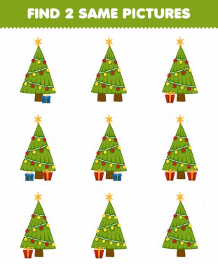 Education game for children find two same pictures of cute cartoon christmas tree printable winter worksheet