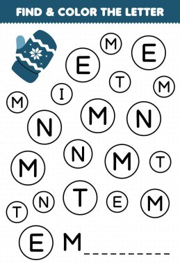 Education game for children find and color letter M for mitten printable winter worksheet