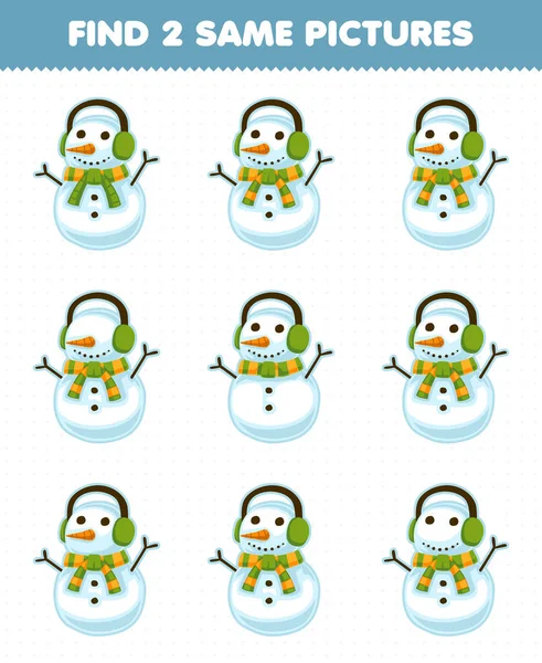 子供のための教育ゲームはかわいい漫画の雪だるま印刷冬のワークシートの2枚の同じ写真を見つける — ストックベクタ