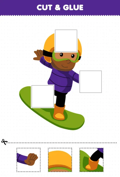 子供のための教育ゲームかわいい漫画の少年はスノーボードをプレイし それらの印刷可能な冬のワークシートを接着剤の一部をカットし 接着剤 — ストックベクタ