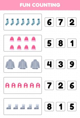 Education game for children fun counting and choosing the correct number of cute cartoon sock beanie coat scarf boot printable winter worksheet